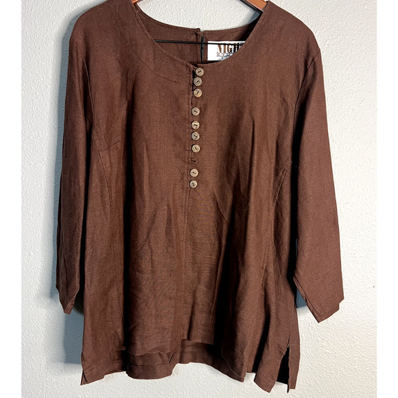 Vintage Night Studio Womens Size 20 Linen Brown Button Accents Blouse Tunic - Picture 1 of 16